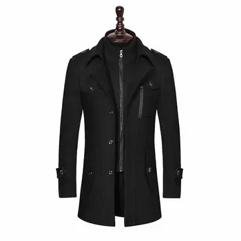 Модная Зимняя мужская Шерстяная куртка с двойным воротником, Однобортный тренч, мужской Размер M-3Xl, Брендовый Теплый мягкий