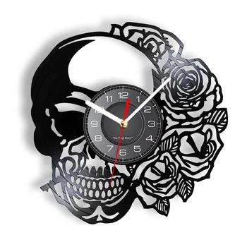 Настенные часы с татуировкой Черепа и Розой, Настенные часы с виниловой пластинкой, часы с черепом Скелета, Шипастые Розы, Настенные часы в готическом стиле для домашнего декора, Настенные часы