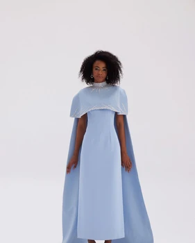 Небесно-голубое платье для выпускного вечера трапециевидной формы длиной до пола, шифоновое, с круглым вырезом, без рукавов, с накидкой на спине, расшитое бисером, в стиле ампир
