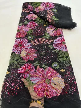 Нигерийская черная кружевная ткань с 3D блестками 2023, высококачественное африканское кружево, французский тюль, кружевная ткань с вышивкой блестками, вечернее платье