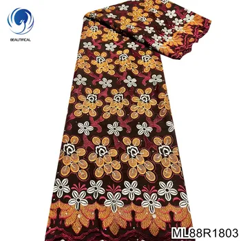 Новейшая мода, Африканское кружево, высококачественная ткань, нигерийское вечернее платье с лепестками, 100% хлопок, швейцарский тюль, вышивка блестками ML88R18