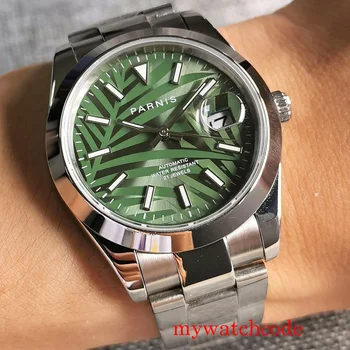 Новое поступление, мужские часы Parnis с зеленым циферблатом, Календарь Miyota 8215, Сапфировое стекло, Автоматические механические мужские наручные часы в скандинавском стиле