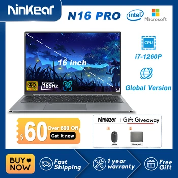 Ноутбуки Ninkear N16 Pro, Intel Core i7-1260P, 2,5 K IPS, Wi-Fi 6-165 Гц, 32 ГБ оперативной памяти + 2 ТБ SSD-накопителя, Игровой Офисный ноутбук на Windows 11