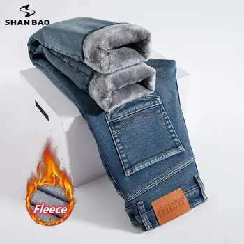 Оригинальные Классические Винтажные Трендовые Мужские зимние джинсы Из флиса, плотного теплого хлопка, стрейчевого кроя, Прямые брюки для отдыха из качественной ткани