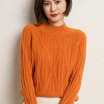 Осенне-зимний женский свитер из 100% шерсти, симметричный скрученный пуловер с высоким воротником наполовину, повседневный модный однотонный вязаный топ