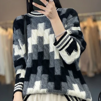 Осенне-зимний новый пуловер, женский толстый свитер с круглым вырезом, подходящий по цвету витой модный свободный вязаный топ из 100% чистой шерсти