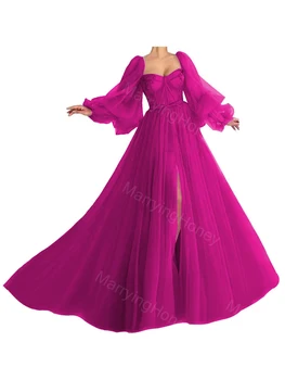 Платье для выпускного вечера с пышными рукавами и разрезом из тюля Длинное бальное платье трапециевидной формы Вечерние платья для вечеринок Свадебное платье Принцессы Милой