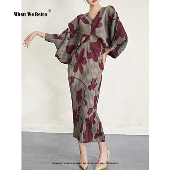 Плиссированное платье Miyake Для Женщин, Модные Платья с Цветочным Принтом, V-образный вырез, Рукава 