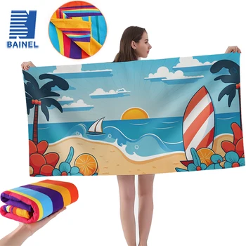 Пляжное полотенце из микрофибры, быстросохнущее, для Кемпинга, спортивный пляжный рюкзак, полотенце для спортзала, для путешествий, Пляжный закат, листья, мультяшные полосы