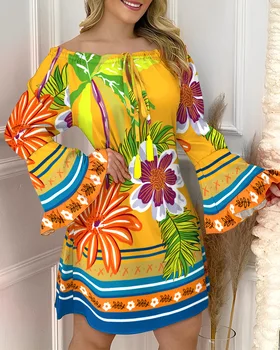 Повседневное платье с тропическим принтом и открытыми плечами, Женское Расклешенное платье-колокол с Длинным рукавом, Сексуальное Свободное мини-платье с цветочным рисунком
