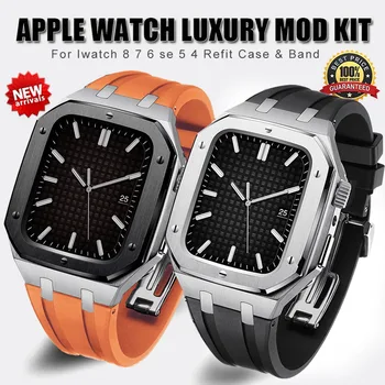 Ремешок для Apple Watch 8 7 45 мм 44 мм Роскошный Комплект Модов Металлический Безель Рамка Резиновый Ремешок для iwatch Series 6 5 4 SE 44/45 мм