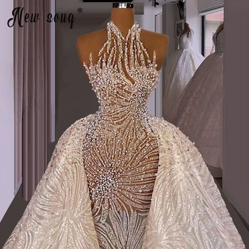 Романтическое свадебное платье Русалки с высоким воротом 2021, Роскошные аппликации, Съемный шлейф, платье принцессы невесты, Дубай, Vestido De Novia