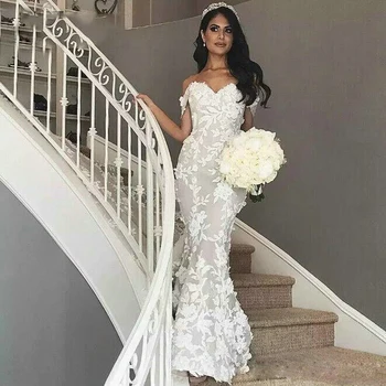 Роскошные кружевные свадебные платья Русалки с цветочным рисунком и открытыми плечами, длинные свадебные платья со шлейфом, Дубай, женское платье Vestido de noiva