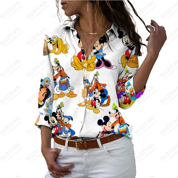 Рубашка Disney для девочек, кардиган с длинным рукавом и V-образным вырезом, топ на пуговицах, 3D принт 23, Новинка Весны, Мультяшный Узор, Большие Размеры, Микки и Минни, Простой