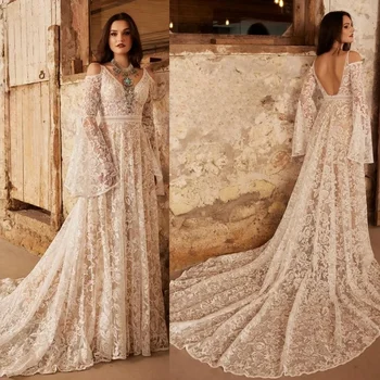 Свадебное платье Изысканное Ампирное с V-образным вырезом, длиной до пола, Кружевные свадебные платья с открытой спиной, vestido de noiva, большие размеры