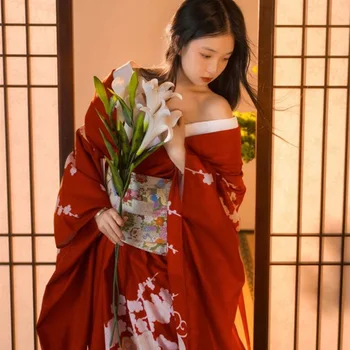 Сексуальное Японское традиционное кимоно с Оби красного цвета и цветочным принтом, Юката с длинным рукавом для косплея, платье для выступлений на сцене