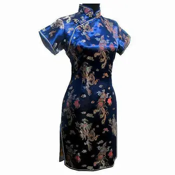 Темно-синее Винтажное Китайское Женское Атласное Мини-платье Ципао Cheongsam размера S, M, L, XL, XXL, XXXL 4XL 5XL 6XL Mujeres Vestido J4065