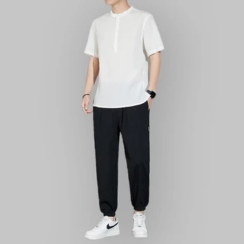 Хлопковые льняные рубашки в Японском стиле, Комплект брюк, Модная мужская футболка с коротким рукавом и длинные брюки для бега, костюм-двойка