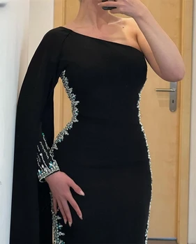 Черное длинное вечернее платье в стиле Русалки Длиной до пола с кристаллами на одно плечо, Праздничное модное вечернее платье из Саудовской Аравии, женское