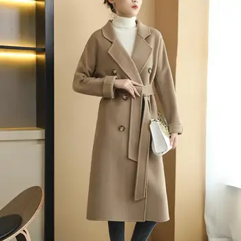 Элегантный шерстяной осенне-зимний тренч, повседневное однотонное модное пальто с поясом в корейском стиле, Женская повседневная одежда V14