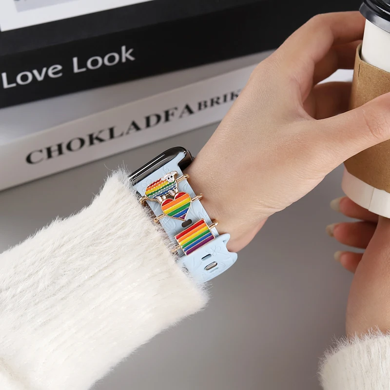 Браслет-подвеска в виде сердца серии Rainbow для Iwatch, ЛГБТ-браслет с разноцветными животными, ювелирные изделия для Apple Watch, силиконовый браслет-подвеска - 3