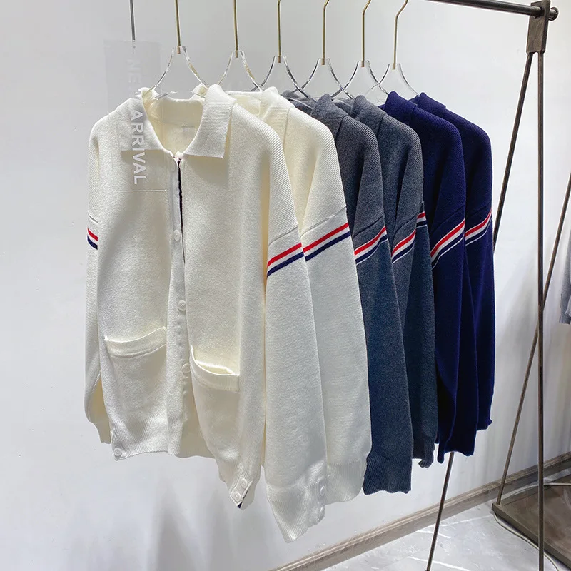 Высококачественная корейская модная универсальная футболка-поло, Осеннее Новое пальто с напуском в контрастную полоску в стиле ретро - 4