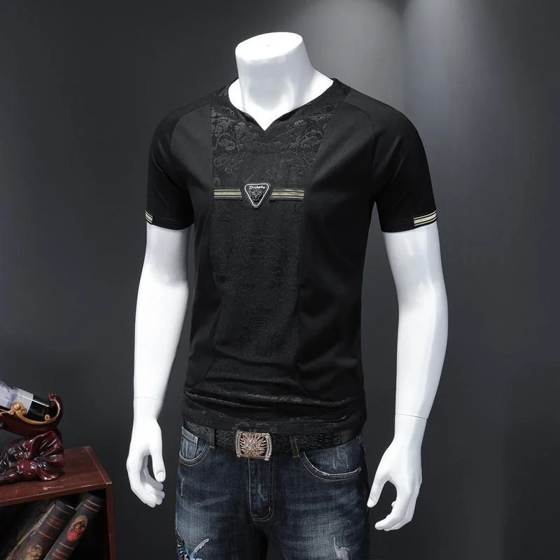 высококачественная мерсеризованная хлопковая футболка с V-образным вырезом, мужская корейская мода, свободный большой повседневный летний топ с коротким рукавом - 4