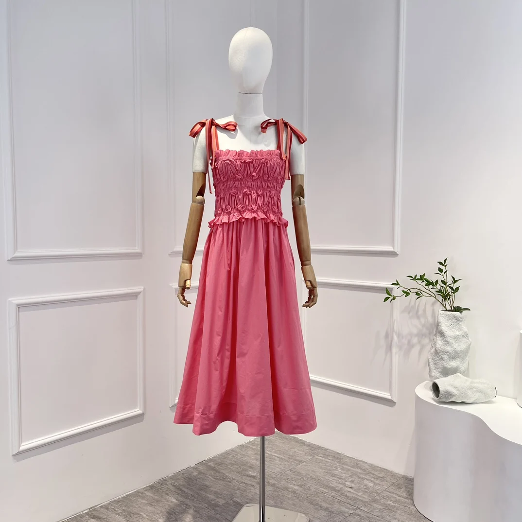 Высококачественное 2023 Розовое Милое Изящное платье миди без рукавов со шнуровкой и оборками, Летняя одежда для женщин - 0