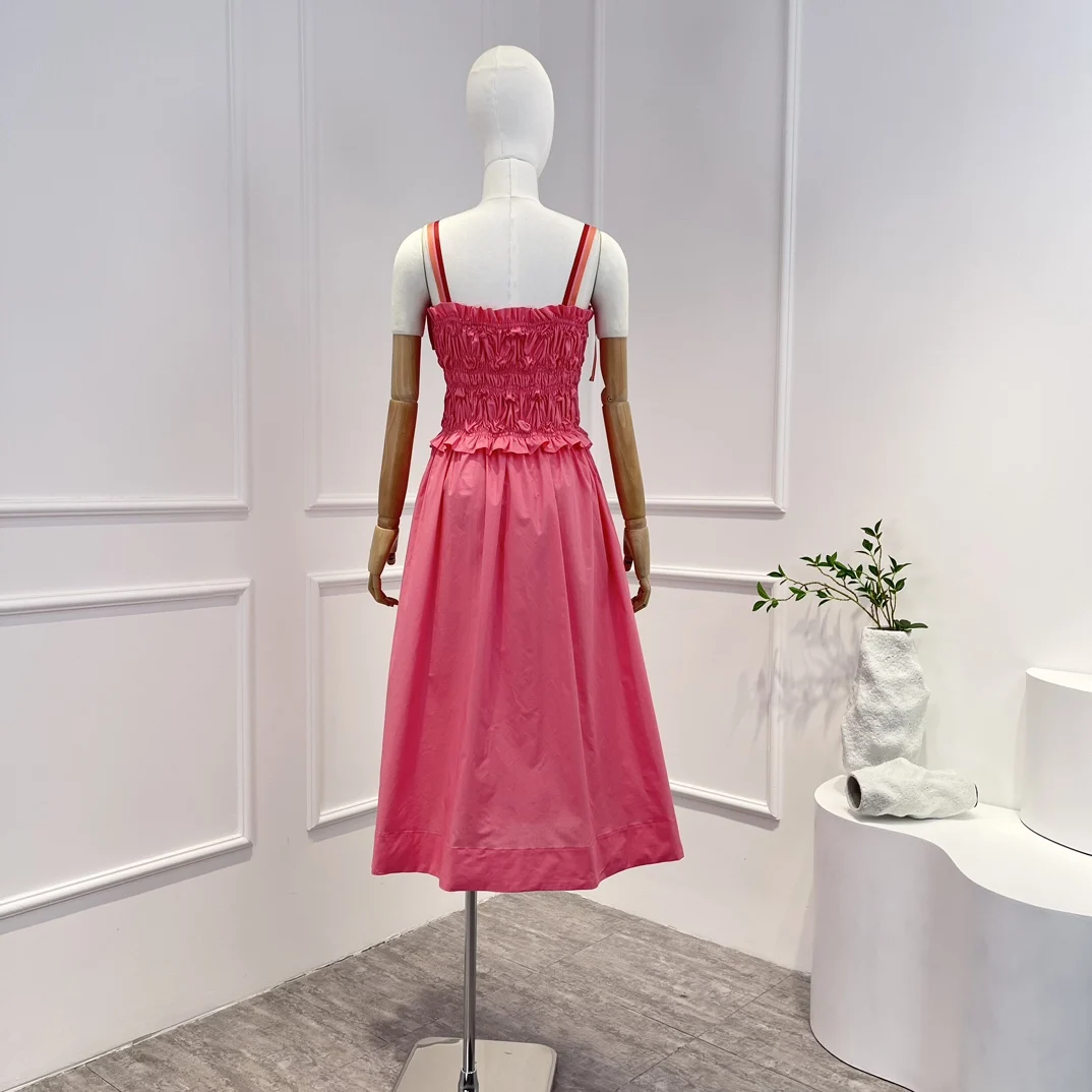 Высококачественное 2023 Розовое Милое Изящное платье миди без рукавов со шнуровкой и оборками, Летняя одежда для женщин - 1
