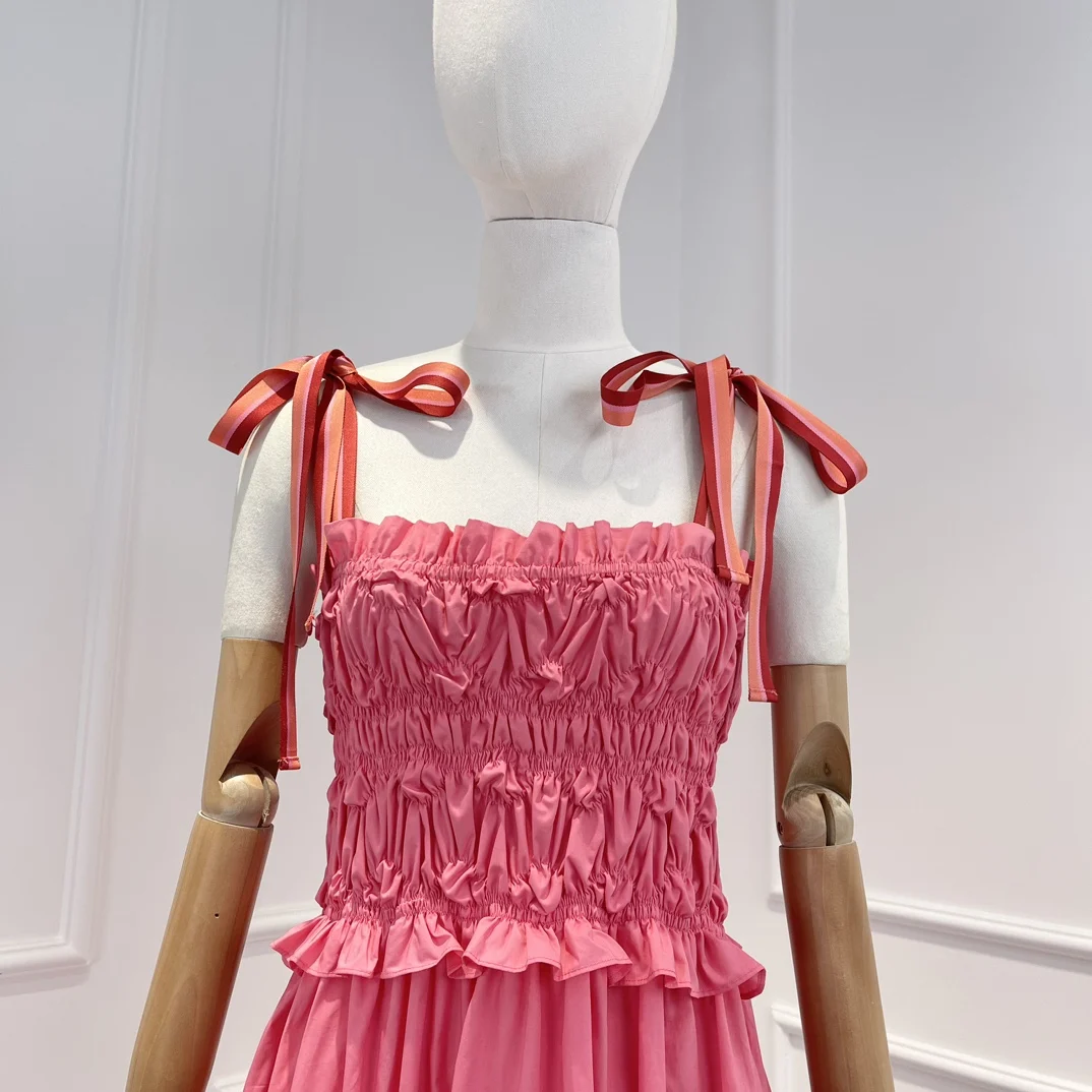 Высококачественное 2023 Розовое Милое Изящное платье миди без рукавов со шнуровкой и оборками, Летняя одежда для женщин - 2