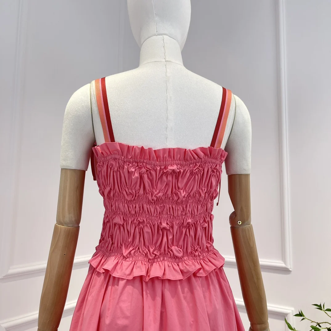 Высококачественное 2023 Розовое Милое Изящное платье миди без рукавов со шнуровкой и оборками, Летняя одежда для женщин - 4