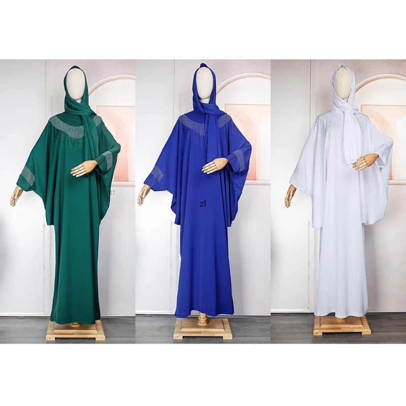 Длинное Платье, Повседневный Халат, Африканские платья для женщин, Мусульманское этническое платье, Летнее Однотонное Шифоновое Платье с бриллиантами, Свободная Классическая одежда - 3