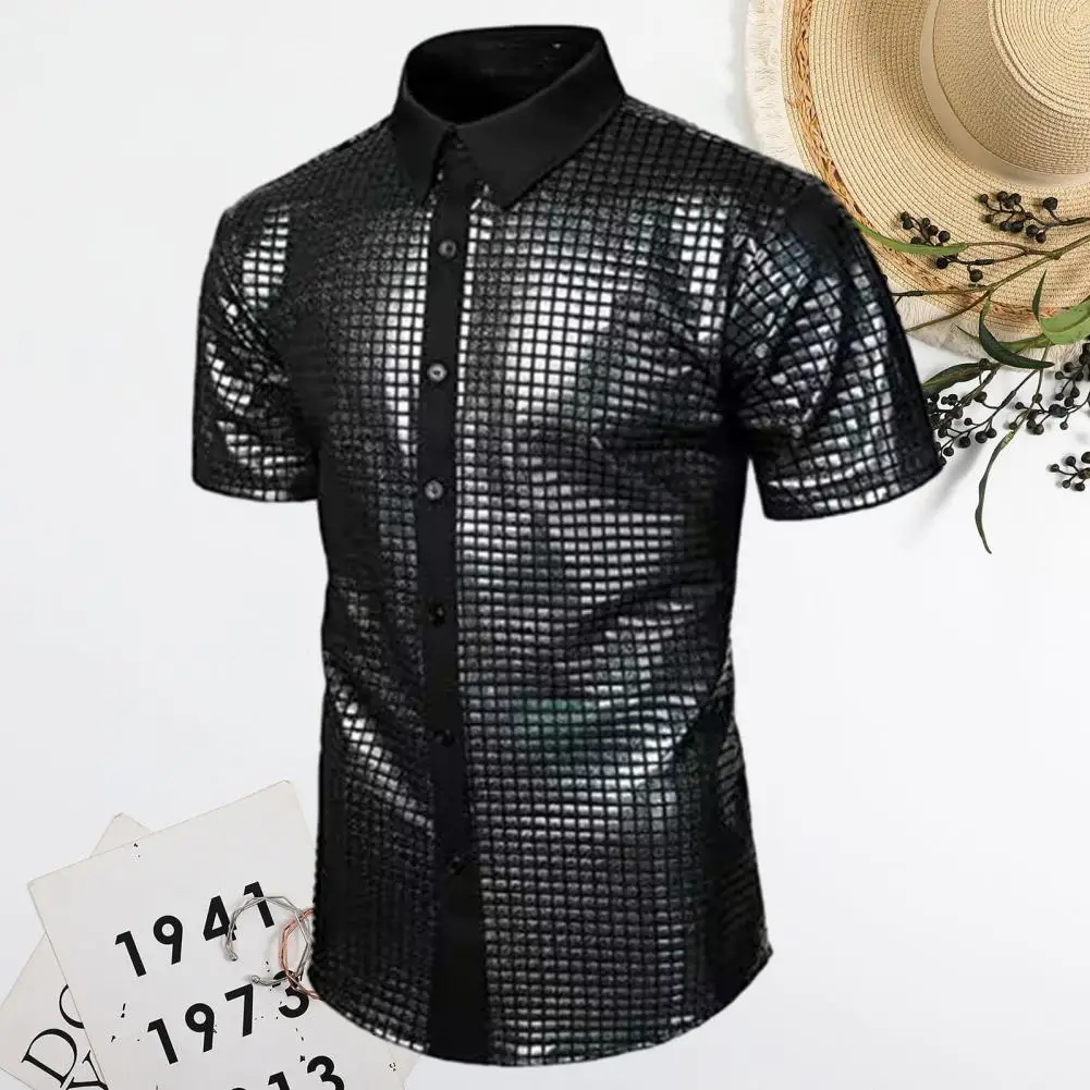 Дышащая рубашка Винтажная дискотека 70-х, мужская клубная рубашка со светоотражающими блестящими пайетками, отложной воротник, короткий рукав, пуговицы для мужчин - 1