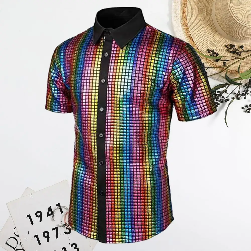 Дышащая рубашка Винтажная дискотека 70-х, мужская клубная рубашка со светоотражающими блестящими пайетками, отложной воротник, короткий рукав, пуговицы для мужчин - 2