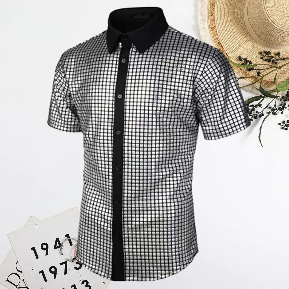 Дышащая рубашка Винтажная дискотека 70-х, мужская клубная рубашка со светоотражающими блестящими пайетками, отложной воротник, короткий рукав, пуговицы для мужчин - 3