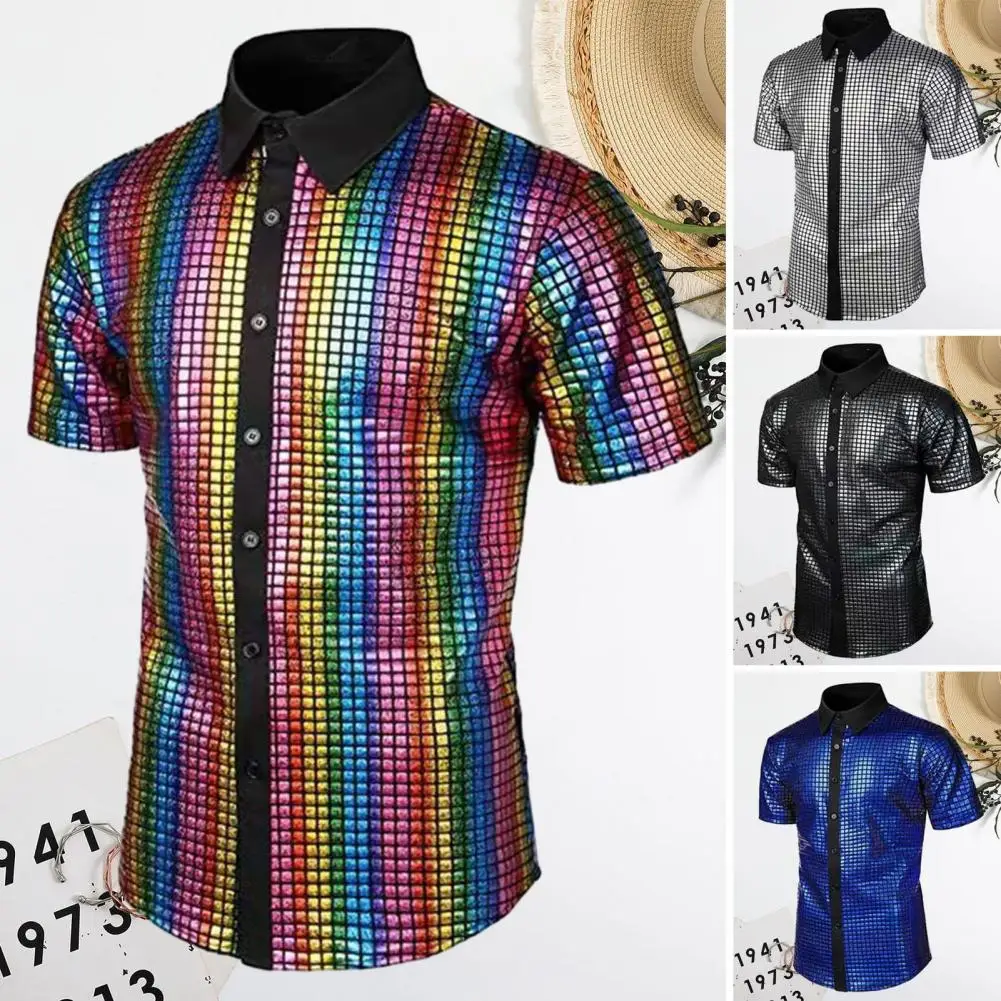 Дышащая рубашка Винтажная дискотека 70-х, мужская клубная рубашка со светоотражающими блестящими пайетками, отложной воротник, короткий рукав, пуговицы для мужчин - 4