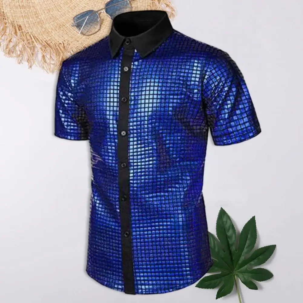 Дышащая рубашка Винтажная дискотека 70-х, мужская клубная рубашка со светоотражающими блестящими пайетками, отложной воротник, короткий рукав, пуговицы для мужчин - 5