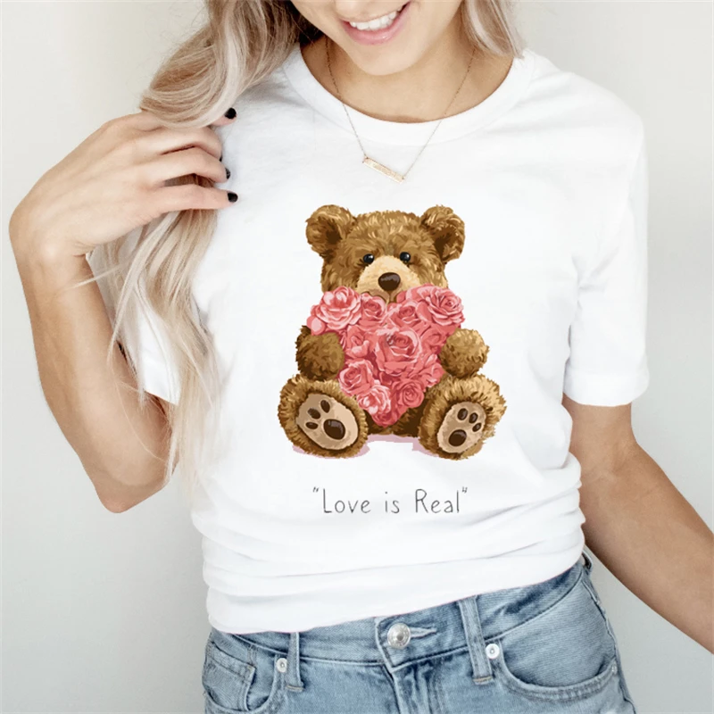 Женская повседневная одежда нового кроя в стиле 90-Х, женская летняя модная женская футболка с рисунком милого медведя, простая повседневная футболка. - 0
