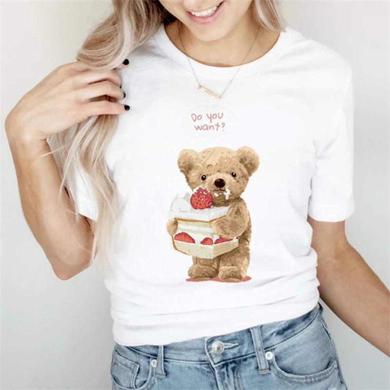 Женская повседневная одежда нового кроя в стиле 90-Х, женская летняя модная женская футболка с рисунком милого медведя, простая повседневная футболка. - 2