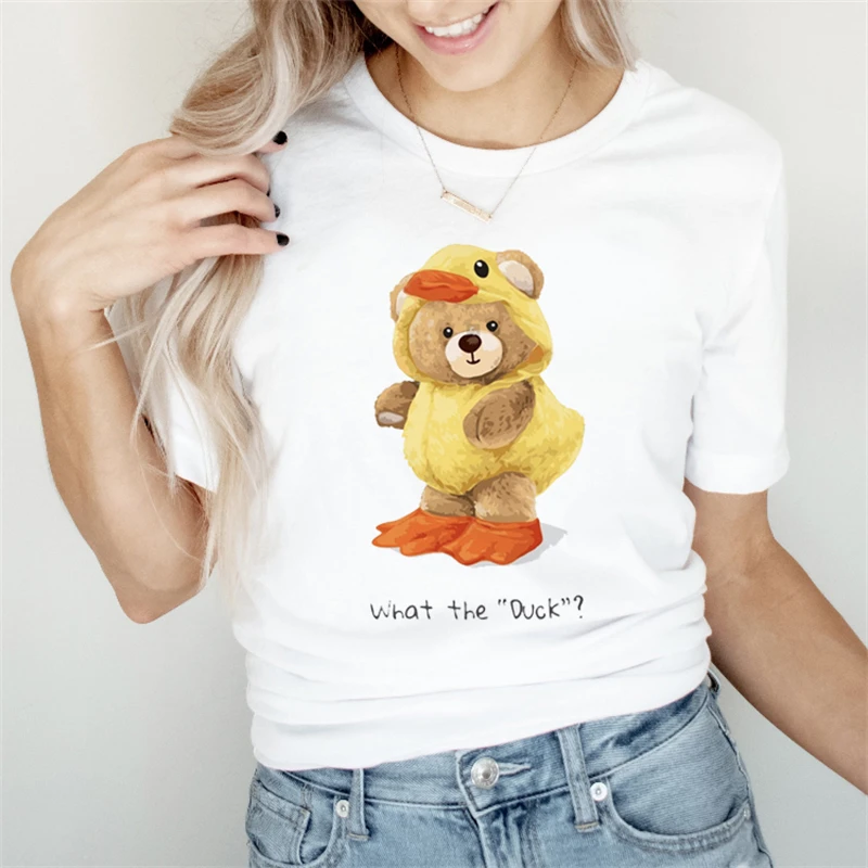 Женская повседневная одежда нового кроя в стиле 90-Х, женская летняя модная женская футболка с рисунком милого медведя, простая повседневная футболка. - 3