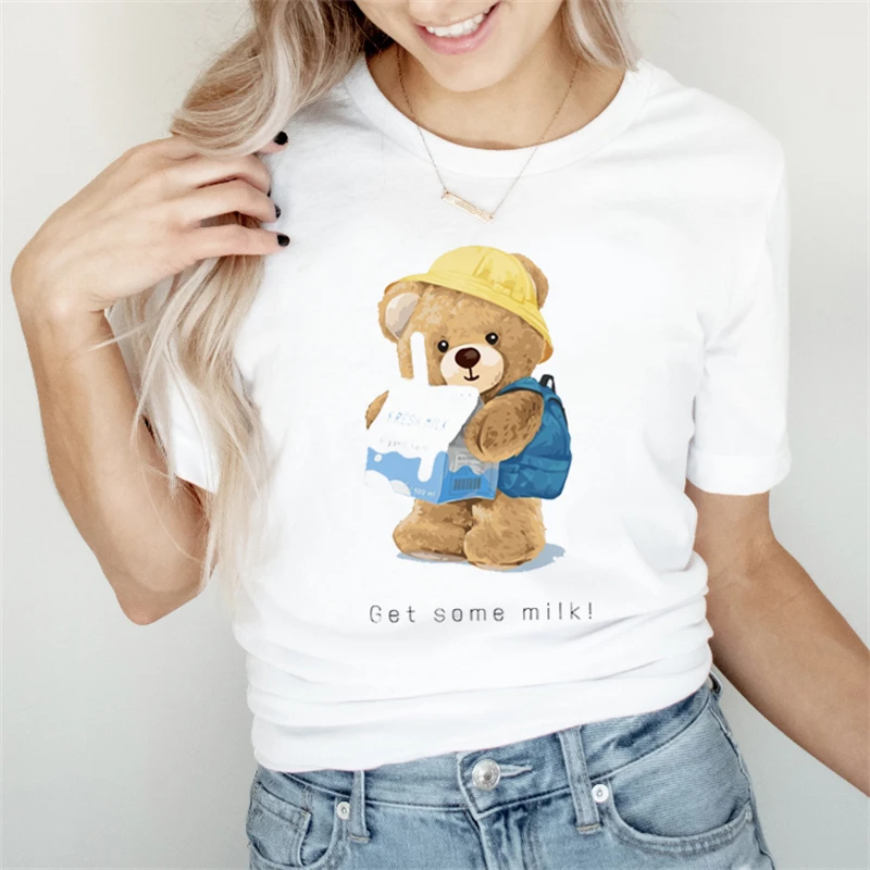 Женская повседневная одежда нового кроя в стиле 90-Х, женская летняя модная женская футболка с рисунком милого медведя, простая повседневная футболка. - 4