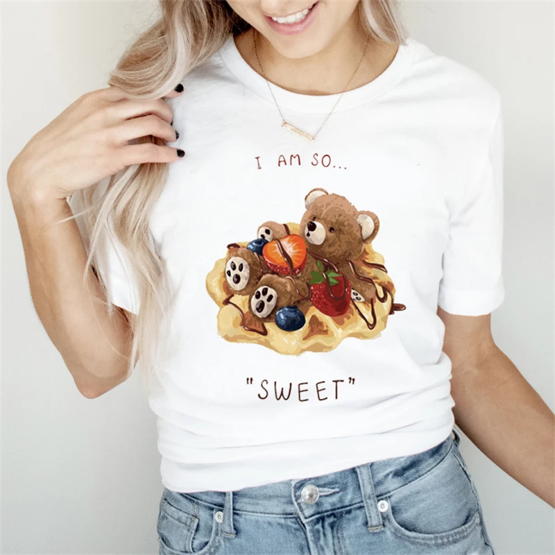 Женская повседневная одежда нового кроя в стиле 90-Х, женская летняя модная женская футболка с рисунком милого медведя, простая повседневная футболка. - 5