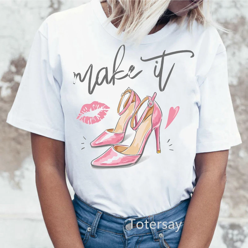 Женская футболка, модная футболка на высоком каблуке с графическим принтом, женская новая летняя женская одежда, топы, красивая женская футболка 90-х годов - 0