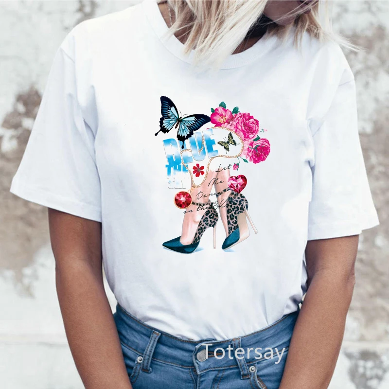 Женская футболка, модная футболка на высоком каблуке с графическим принтом, женская новая летняя женская одежда, топы, красивая женская футболка 90-х годов - 3