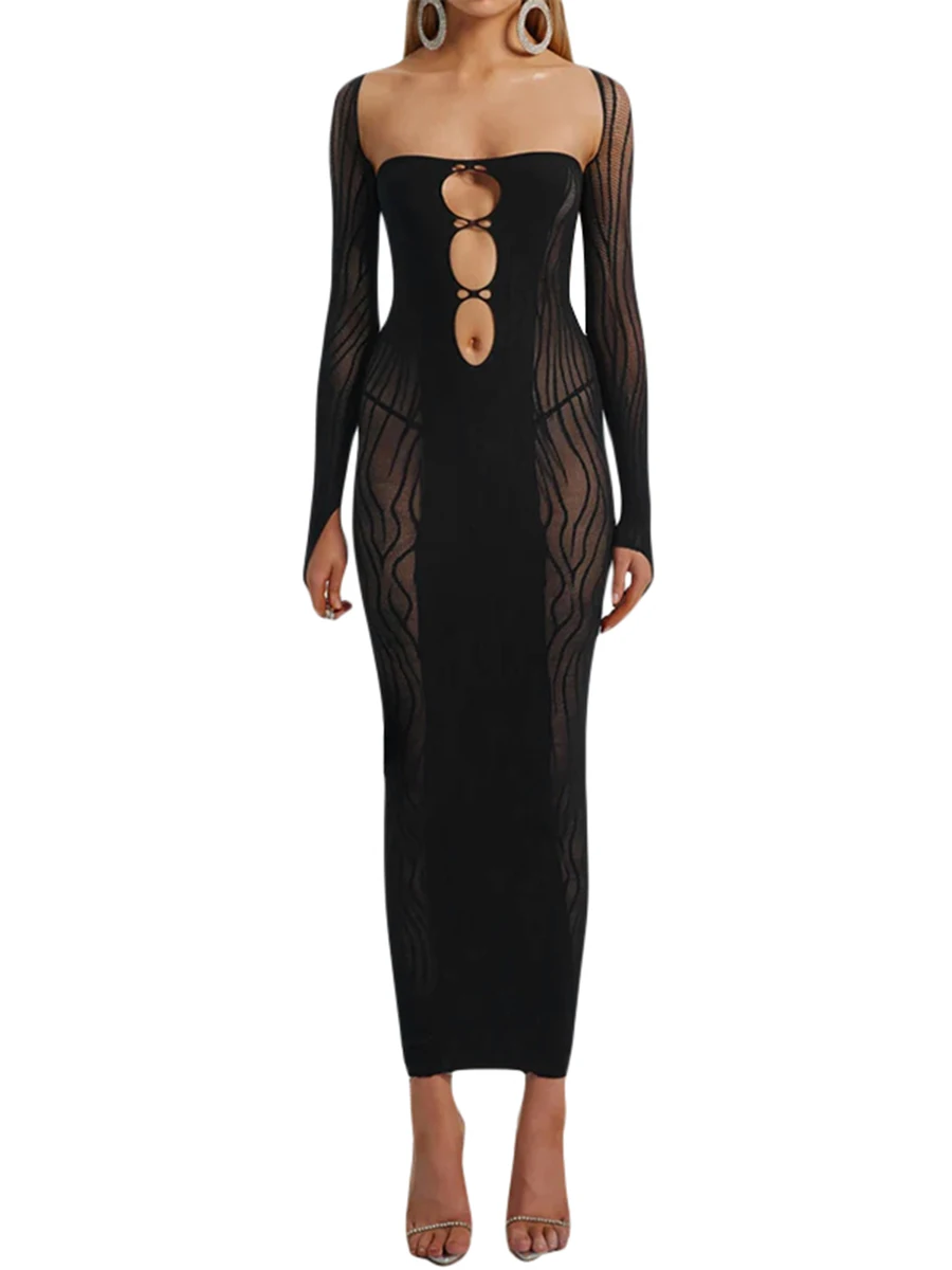 Женское прозрачное сетчатое платье Макси с длинными рукавами и вырезами - Sexy Solid Bodycon Y2K Clubwear - 2