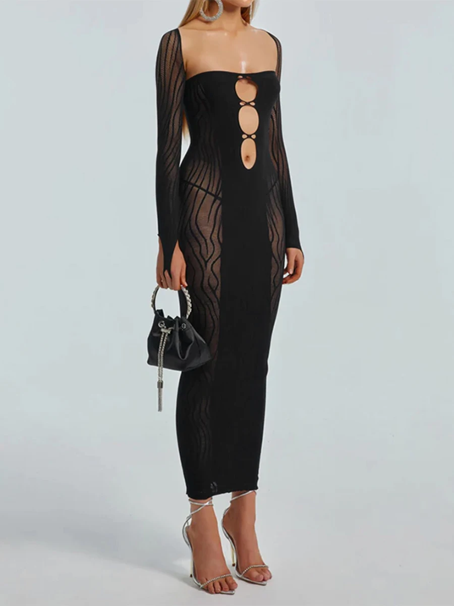 Женское прозрачное сетчатое платье Макси с длинными рукавами и вырезами - Sexy Solid Bodycon Y2K Clubwear - 4