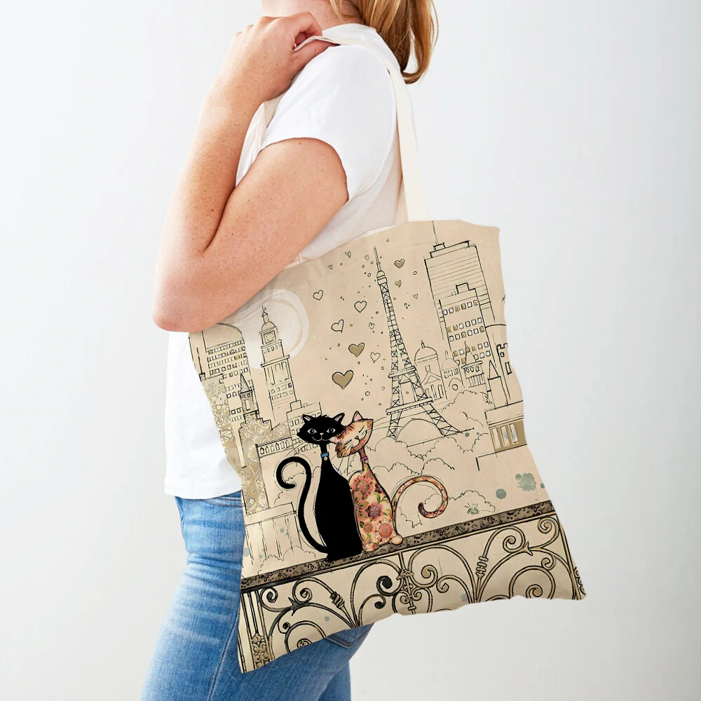 Милая Элегантная Женская сумка для покупок с черным котом, сумка-тоут, Холщовая ткань с принтом домашних животных, Двухсторонние женские сумки для покупок через плечо - 0