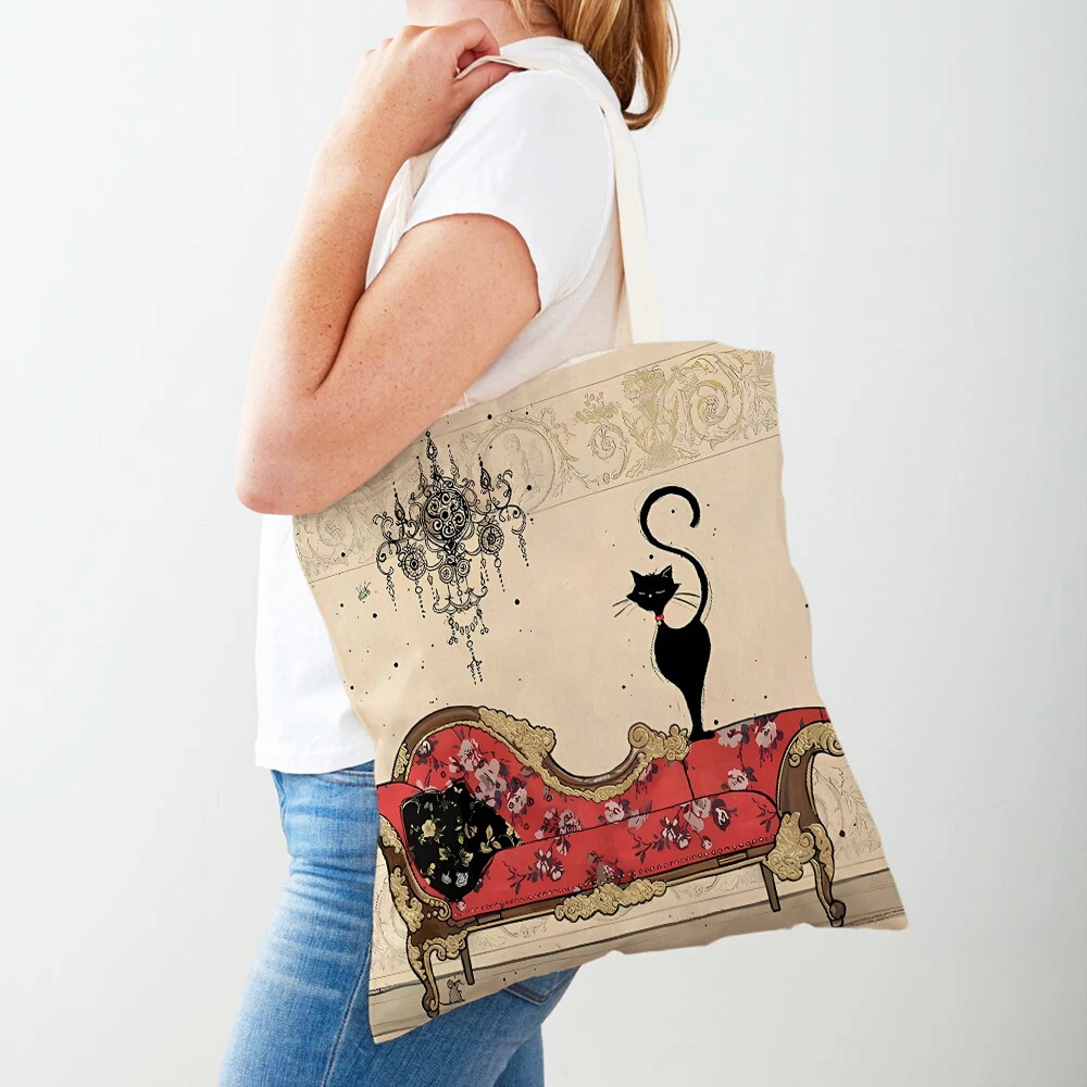 Милая Элегантная Женская сумка для покупок с черным котом, сумка-тоут, Холщовая ткань с принтом домашних животных, Двухсторонние женские сумки для покупок через плечо - 1