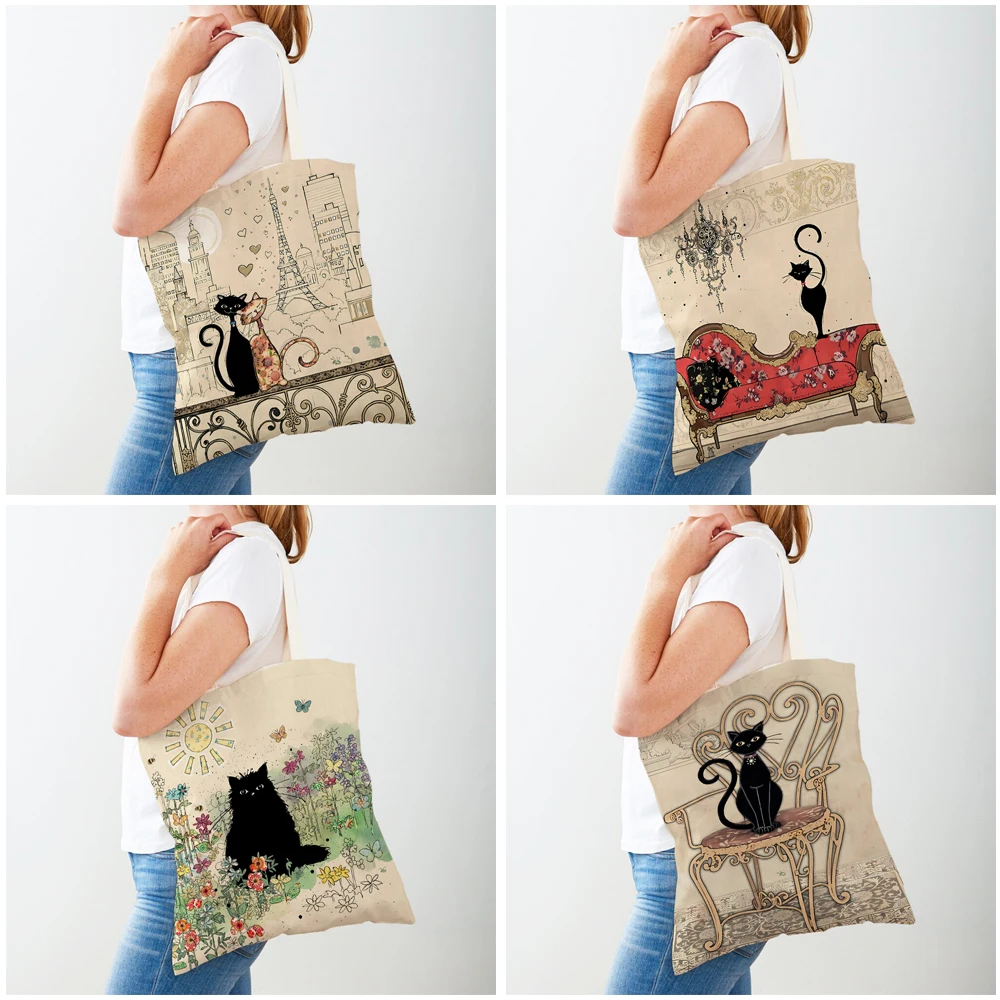 Милая Элегантная Женская сумка для покупок с черным котом, сумка-тоут, Холщовая ткань с принтом домашних животных, Двухсторонние женские сумки для покупок через плечо - 2