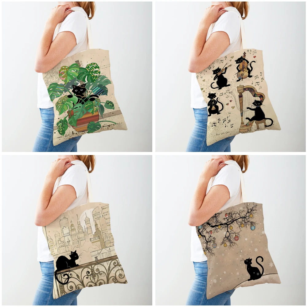 Милая Элегантная Женская сумка для покупок с черным котом, сумка-тоут, Холщовая ткань с принтом домашних животных, Двухсторонние женские сумки для покупок через плечо - 3